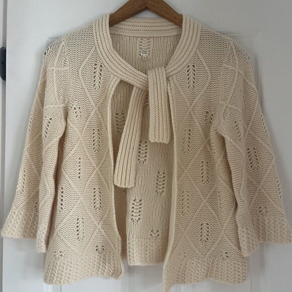 Future Paradise Sweaters - 100% Cashmere Cream Colored Open Sweater with tie neck